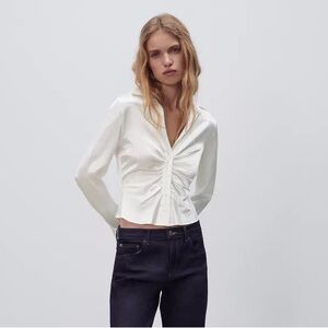 NWT Zara Ruched Satin Effect Shirt in Ecru White Ref. 4437/329